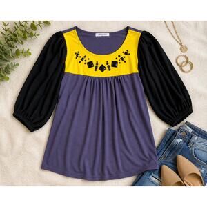 Charlotte Russe Colorblock Embellished Blouse Purple Yellow Black Boho Top